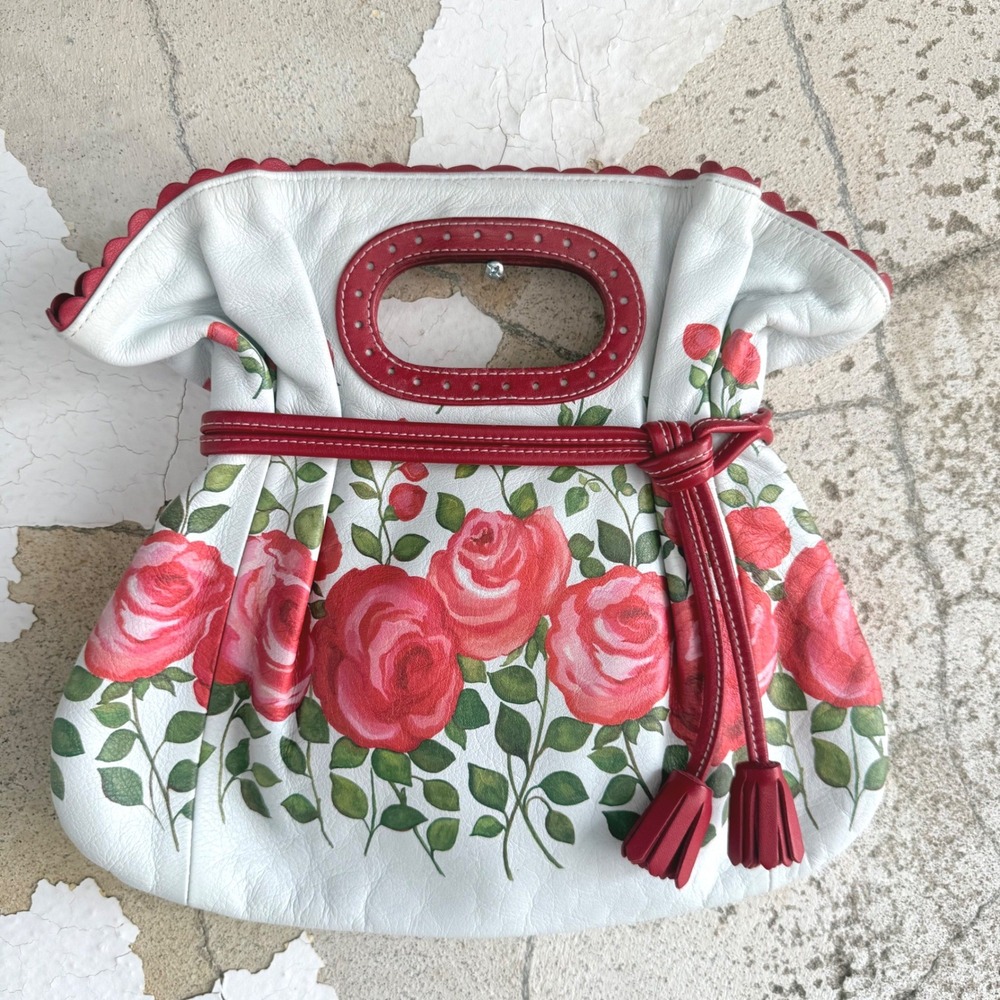 Isabella Fiore Bag Hand Painted Rose Leather Handbag Tassel Cutout Handle Y2K - Picture 10 of 10